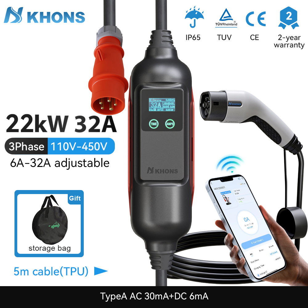 Ev Charger Type 2 22Kw 32A 3 Phase - Cargador EV portátil Khons Type2 32A